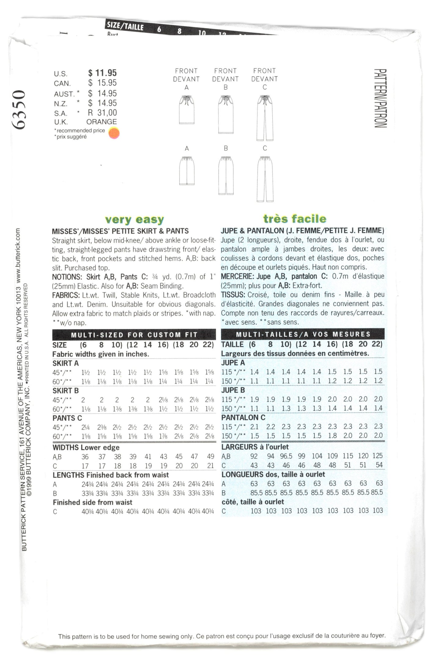 Butterick 6350 Misses Skirt and Pants Sewing Pattern - UNCUT - Size 12 14 16