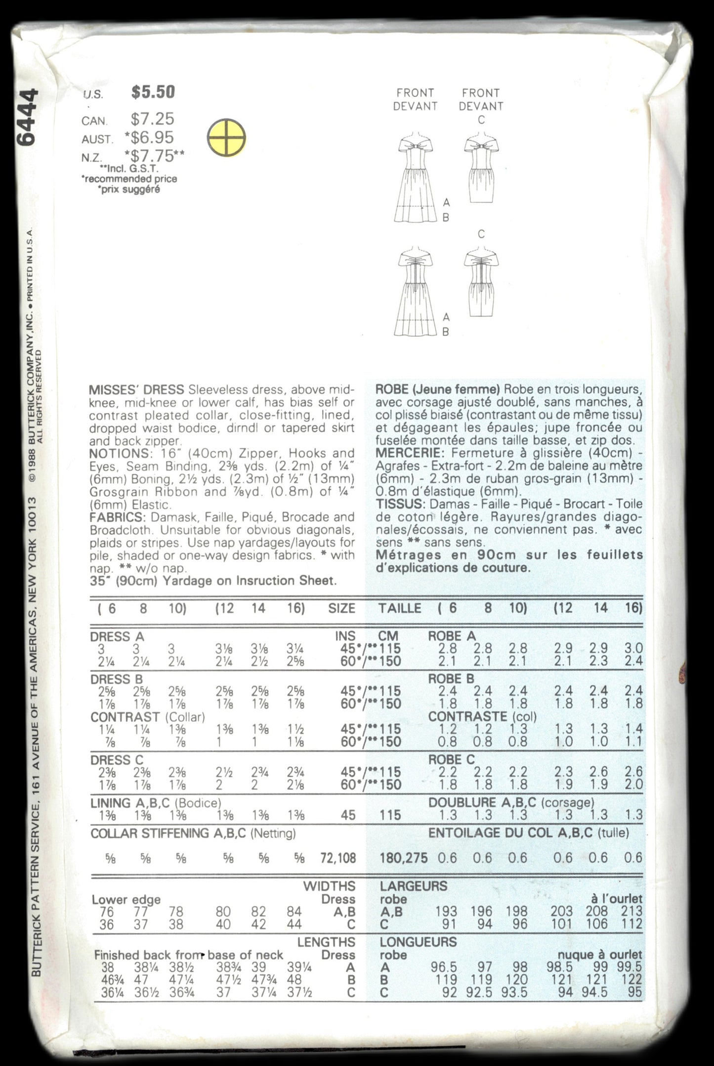 Butterick 6444 Misses Dress Sewing Pattern UNCUT Size 12 14 16