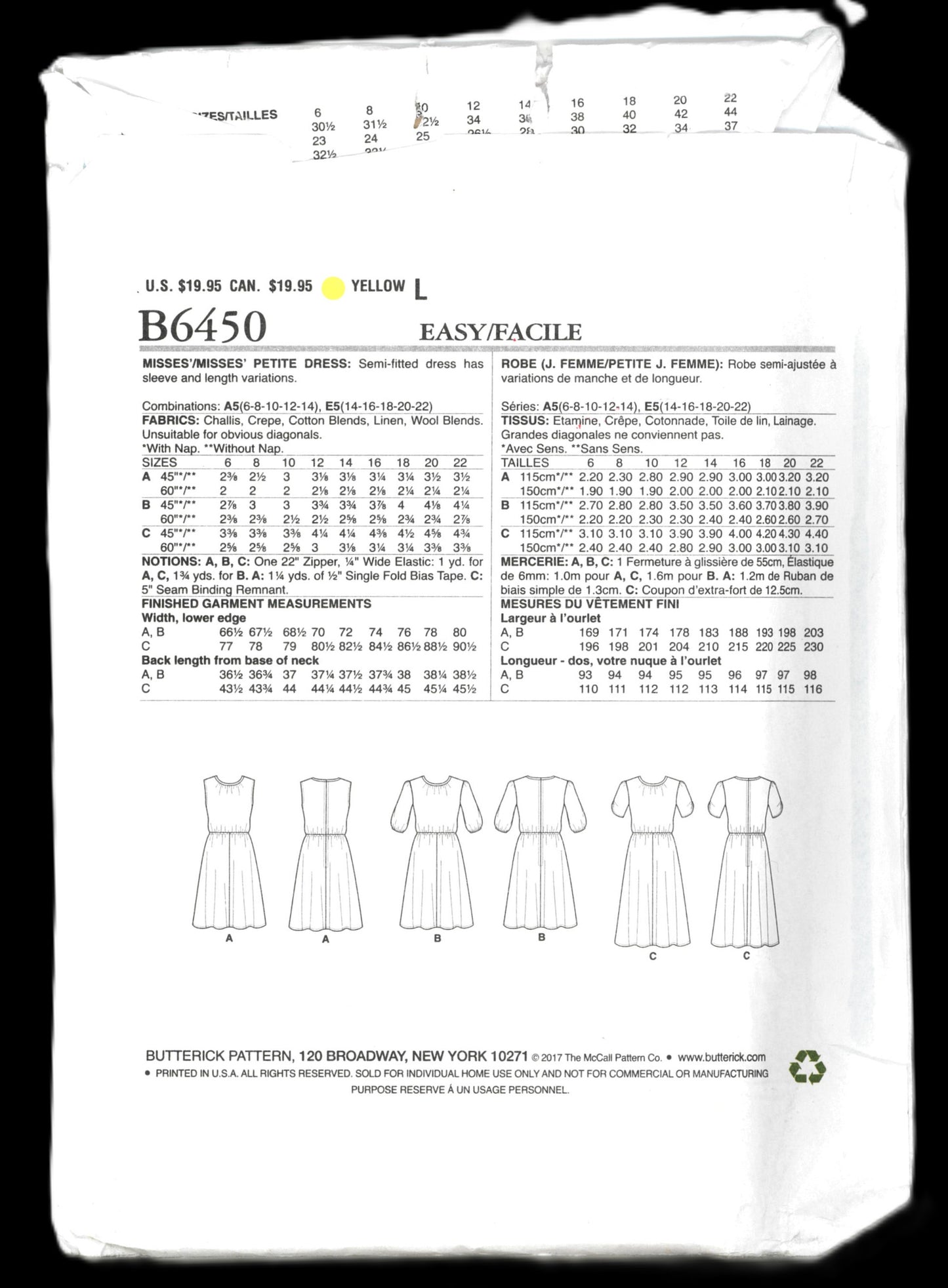Butterick 6450 Misses / Misses Petite Dress Sewing Pattern UNCUT - Size 6 8 10 12 14