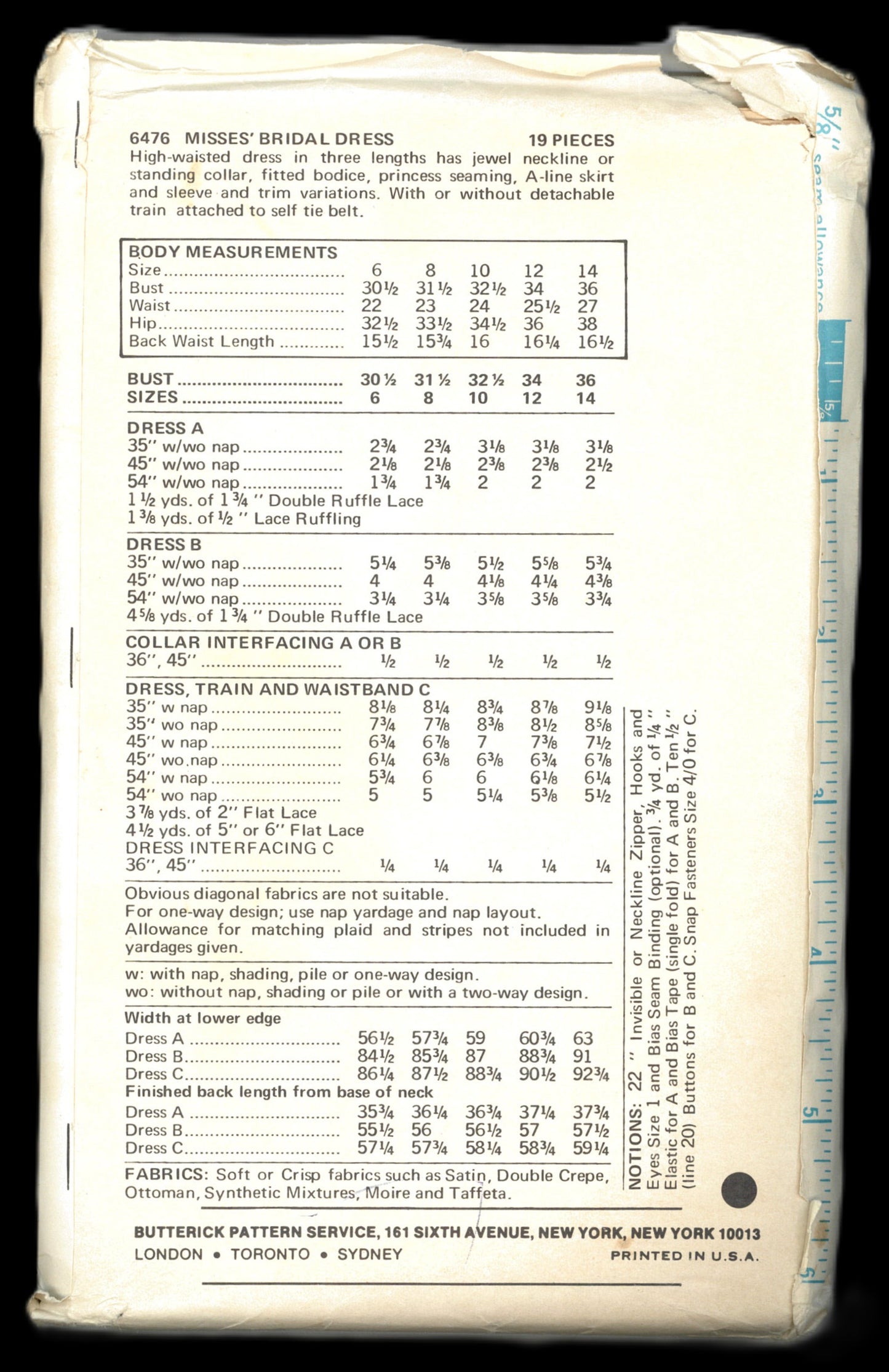 70s Butterick 6476 Misses Bridal Dress Sewing Pattern  UNCUT Size 14 Bust 36