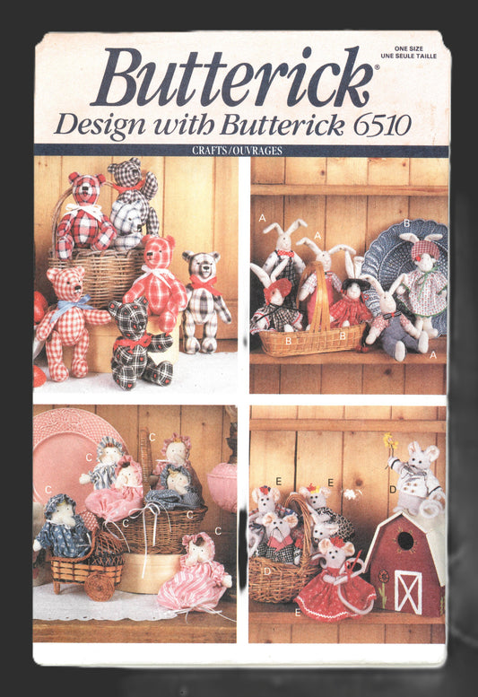 Butterick 6510 Little Friends Sewing Pattern UNCUT - Decorative Bear, Rabbits, Dolls