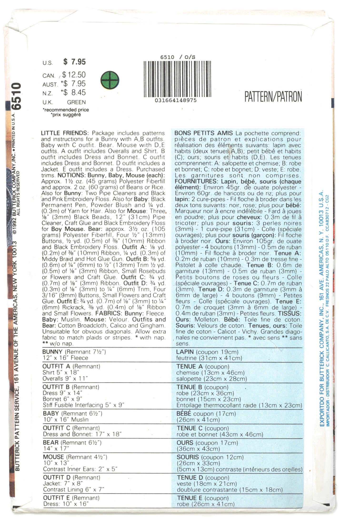 Butterick 6510 Little Friends Sewing Pattern UNCUT - Decorative Bear, Rabbits, Dolls