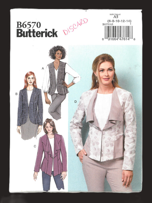Butterick 6570 Misses Vest and Jacket Sewing Pattern UNCUT Size 6 8 10 12 14