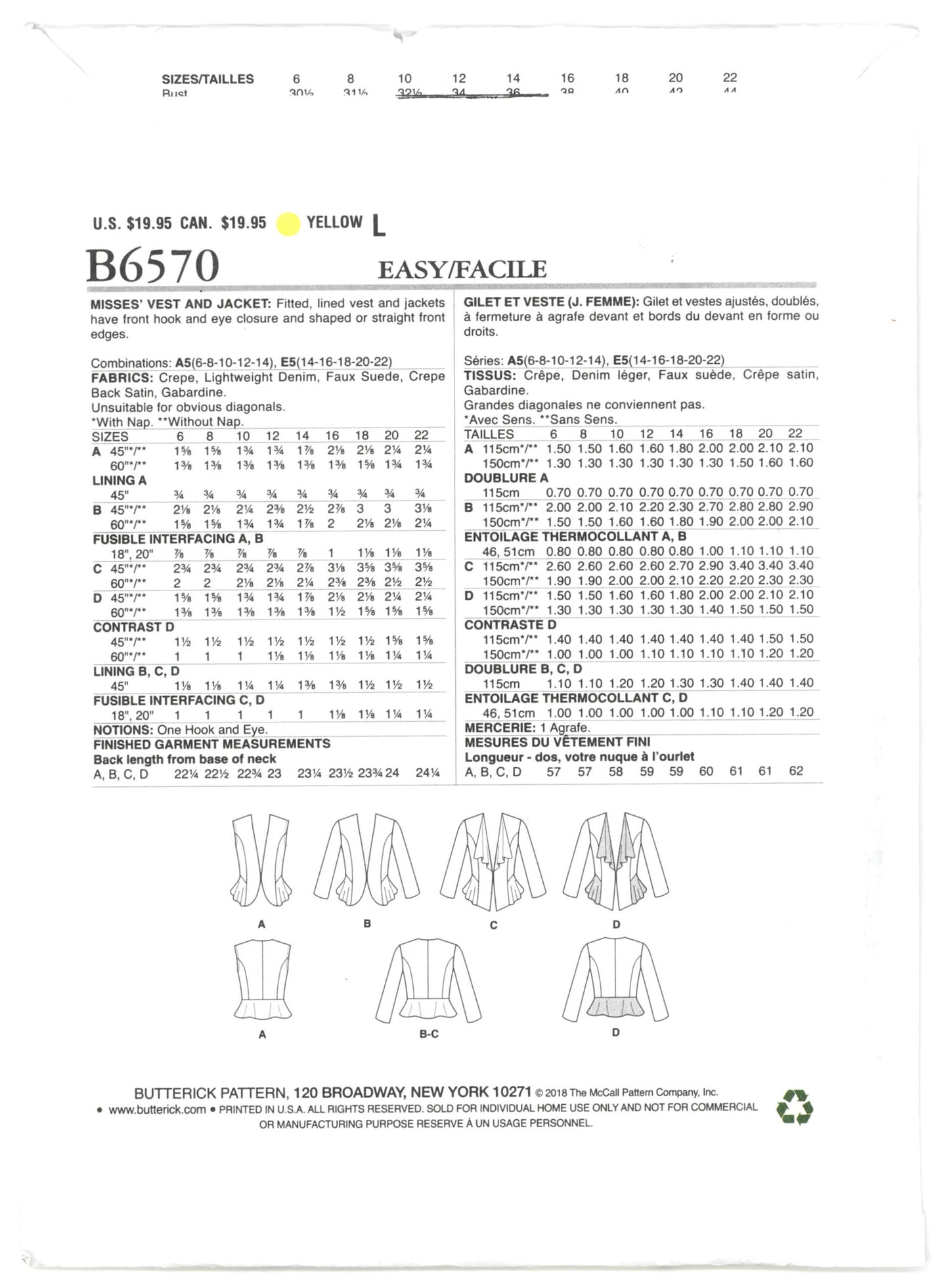 Butterick 6570 Misses Vest and Jacket Sewing Pattern UNCUT Size 6 8 10 12 14