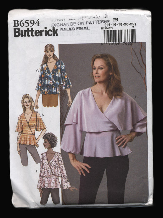 Butterick 6594 Misses Top Sewing Pattern UNCUT  Size 14 16 18 20 22