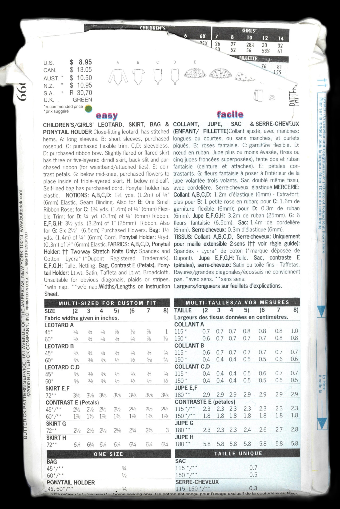 Butterick 6660 Childrens/Girls Leotard, Skirt, Bag and Ponytail Holder Sewing Pattern - UNCUT - Size 2 4 3 5