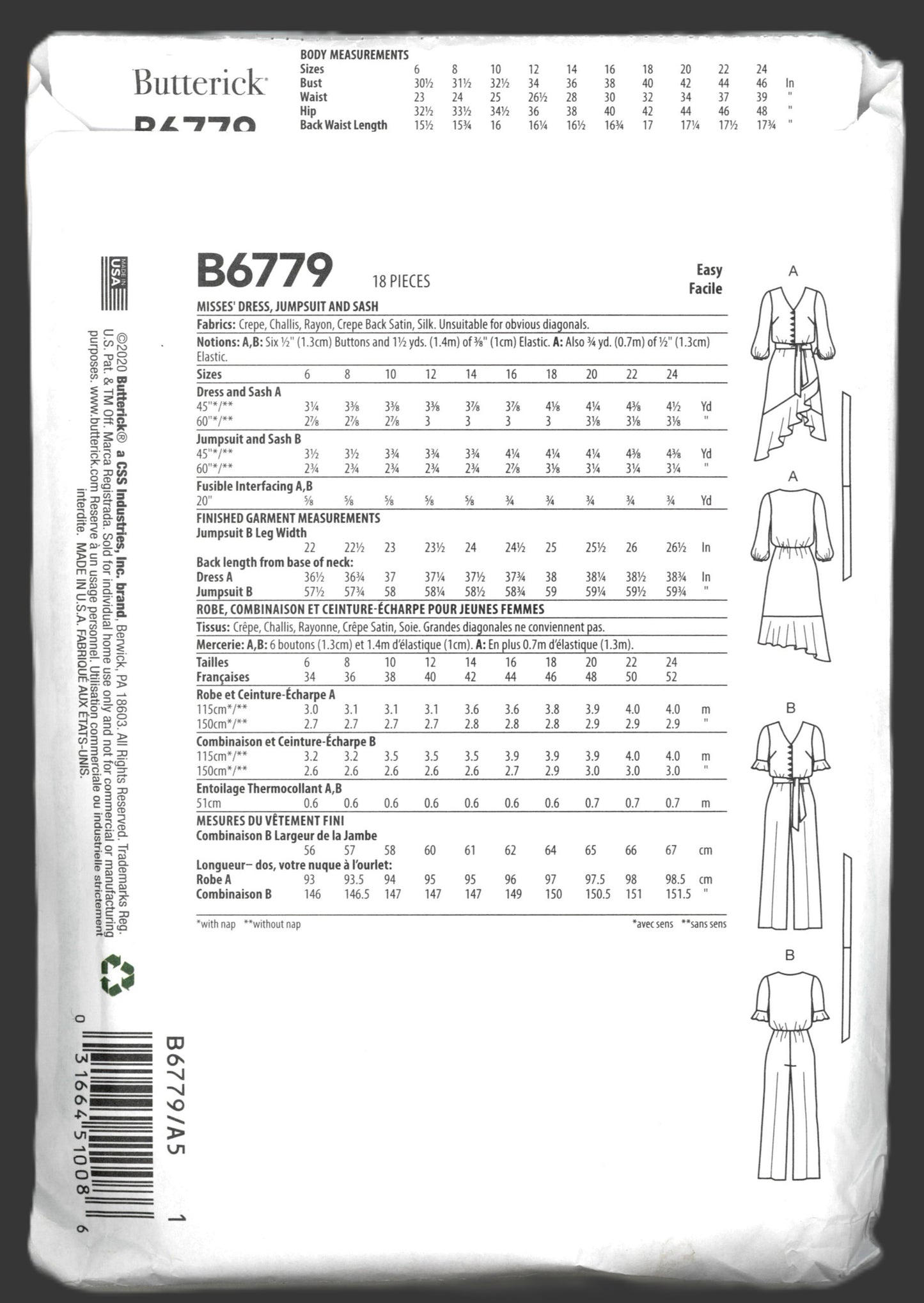 Butterick 6779 Misses Dress Jumpsuit and Sash Sewing Pattern UNCUT Size 6 8 10 12 14