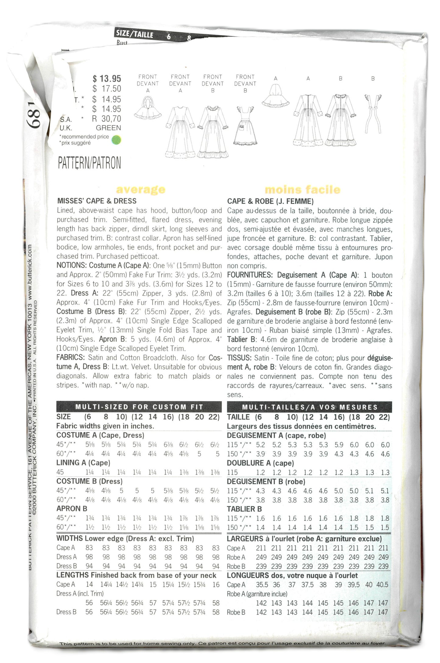 Butterick 6816 Misses Cape and Dress Costumes Sewing Pattern - UNCUT  Size 12 14 16