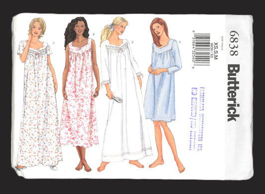 Butterick 6838 Misses / Misses Petite Nightgown Sewing Pattern UNCUT Size L XL or Size XS S M