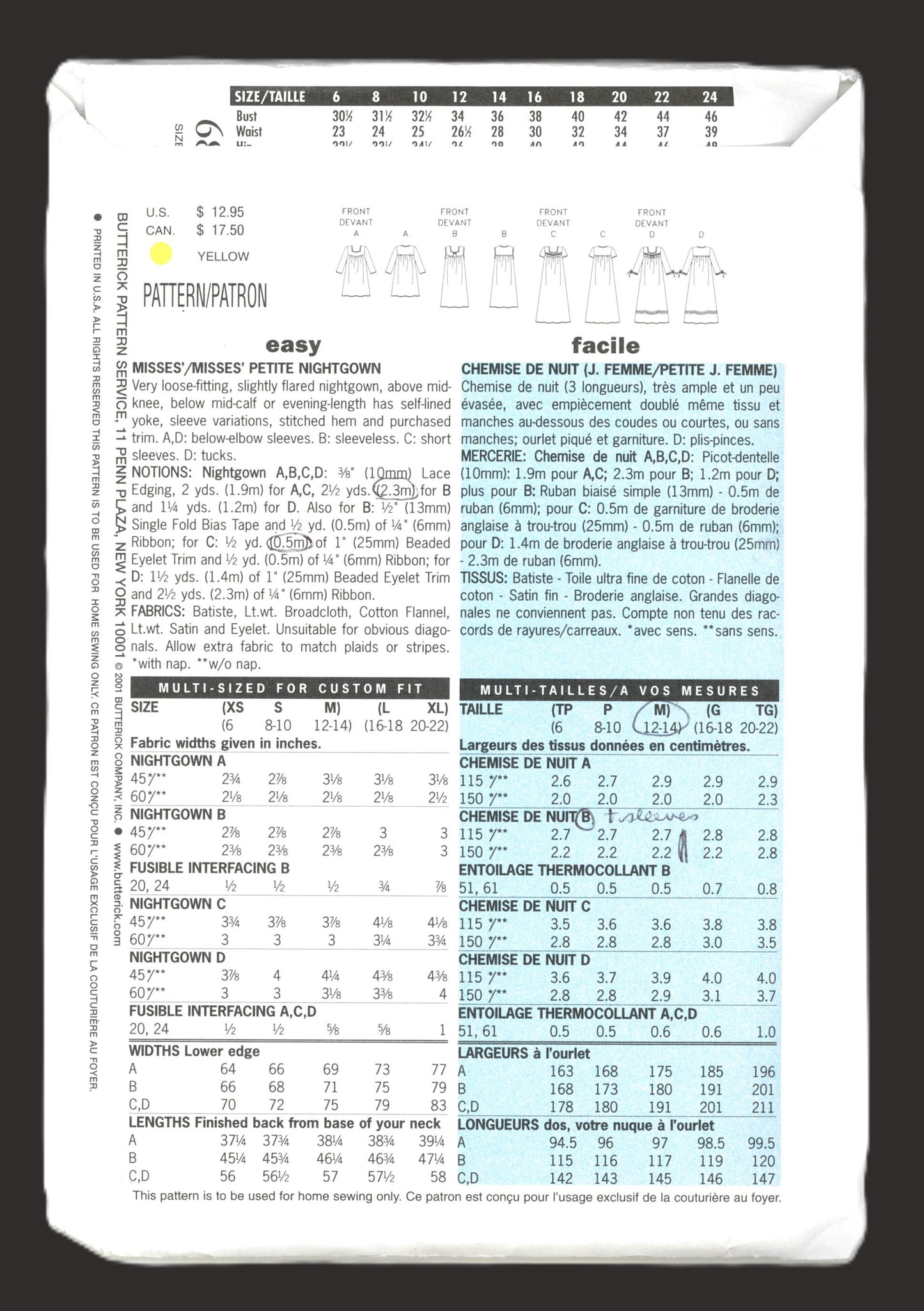 Butterick 6838 Misses / Misses Petite Nightgown Sewing Pattern UNCUT Size L XL or Size XS S M