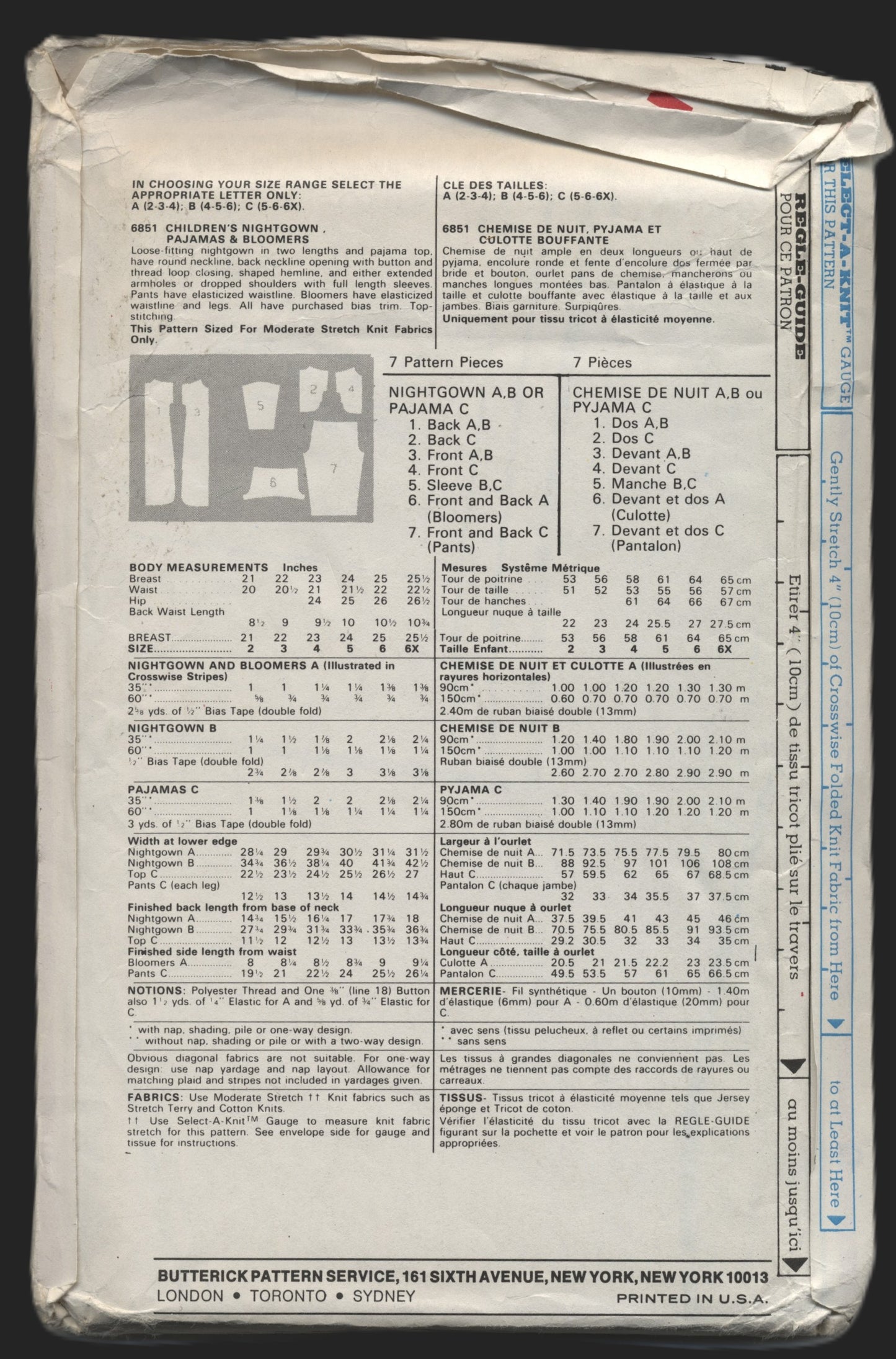 Butterick 6851 Childrens Girls Nightgown Pajamas and Bloomers Sewing Pattern - UNCUT - Size 4 5 6