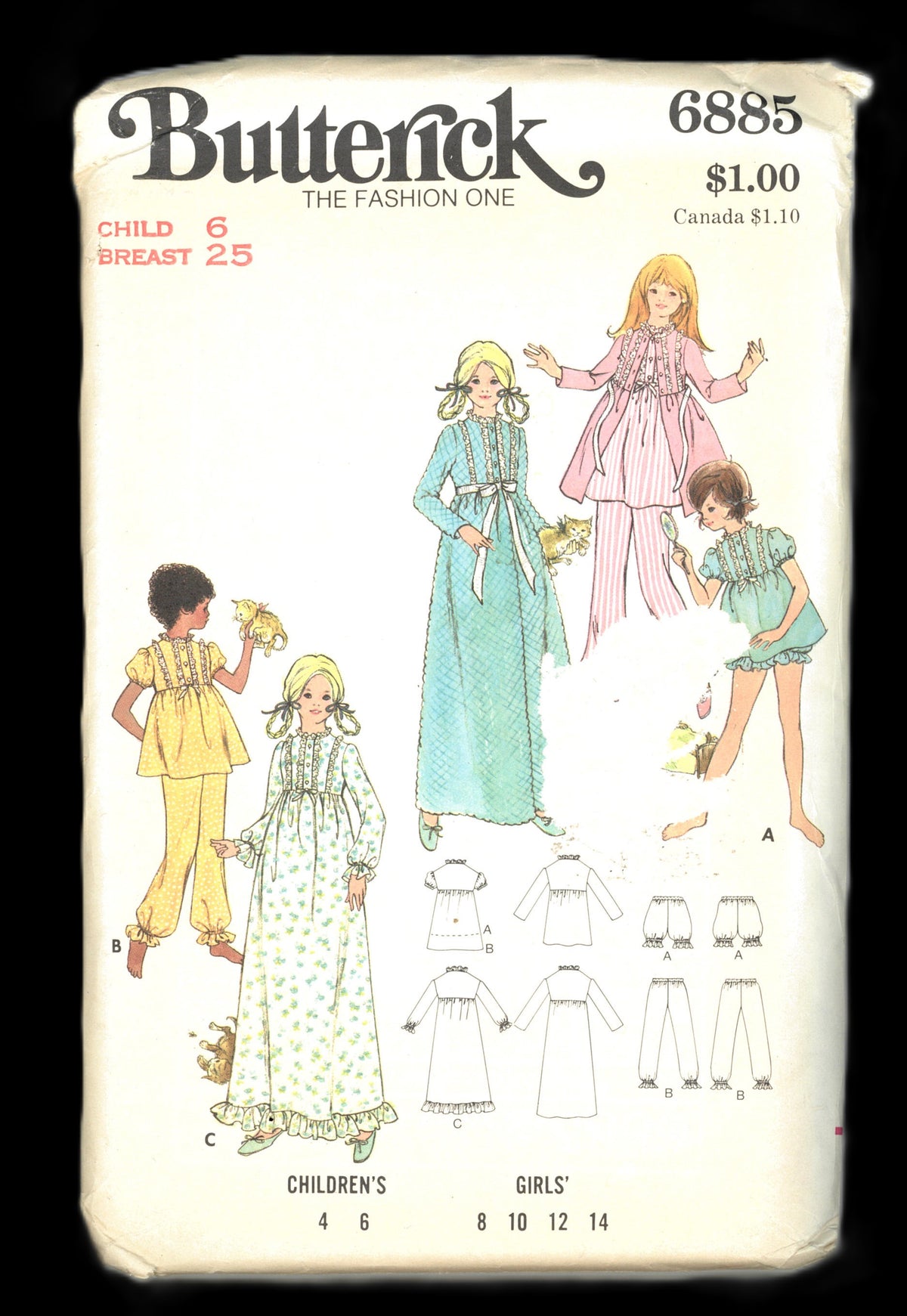 Butterick 6885 Girls Nightgown Pajamas and Bloomers Robe Gown & Pajamas Sewing Pattern UNCUT Size 6 Breast 25