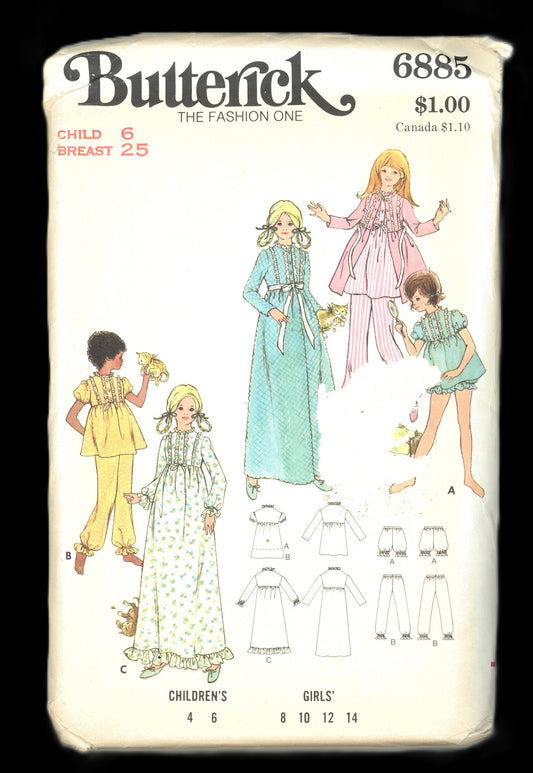 Butterick 6885 Girls Nightgown Pajamas and Bloomers Robe Gown & Pajamas Sewing Pattern UNCUT Size 6 Breast 25