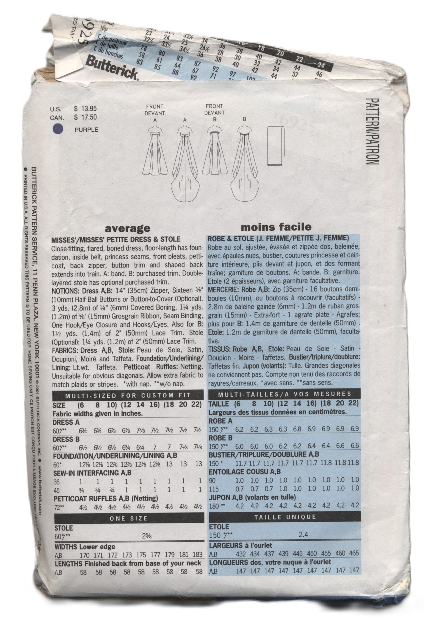 Butterick 6925 Misses / Misses Petite Dress and Stole Sewing Pattern  UNCUT Size 6 8 10