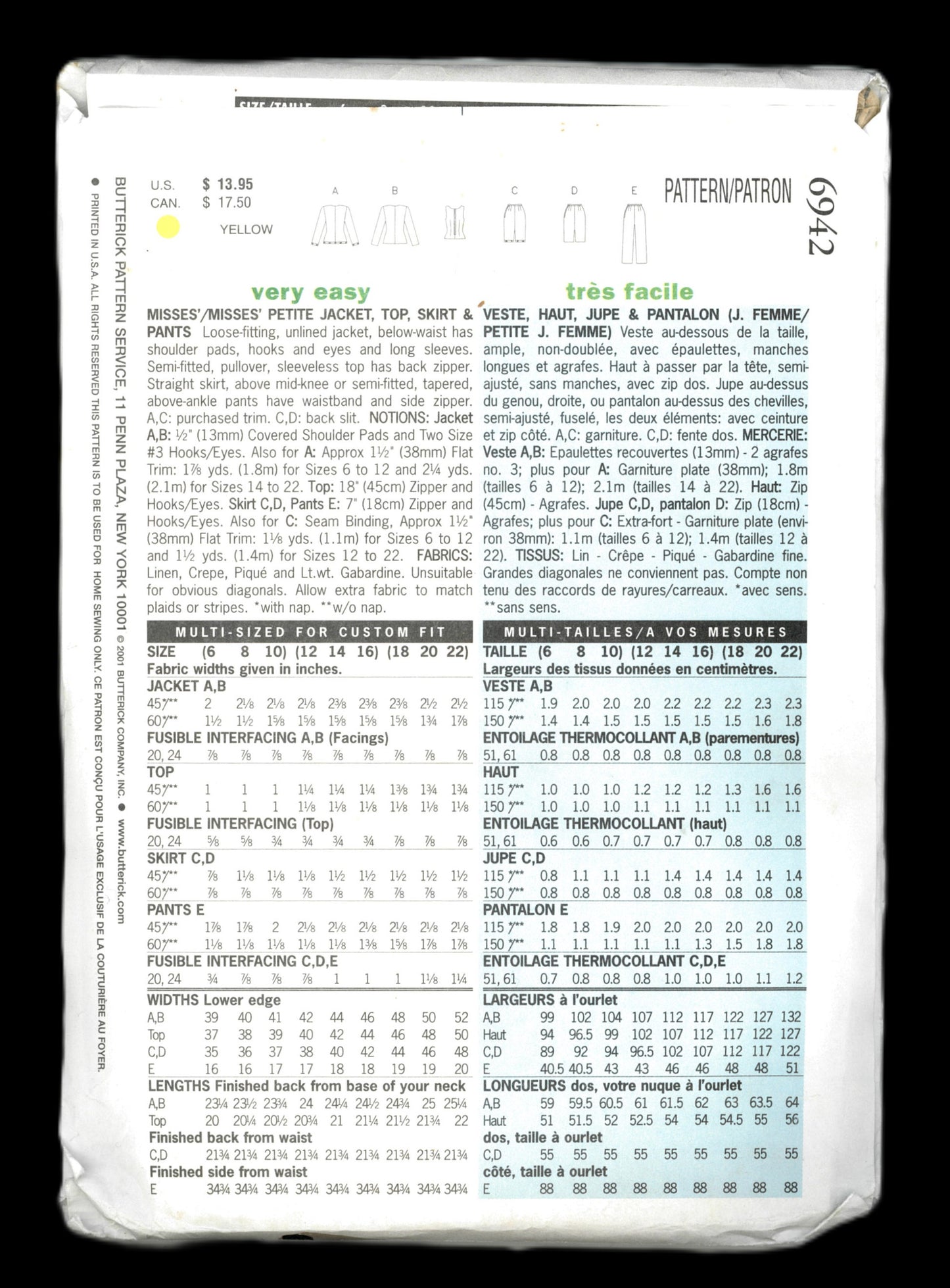 Butterick 6942 Misses / Misses Petite Jacket Top Skirt and Pants Sewing Pattern UNCUT Size 6 8 10