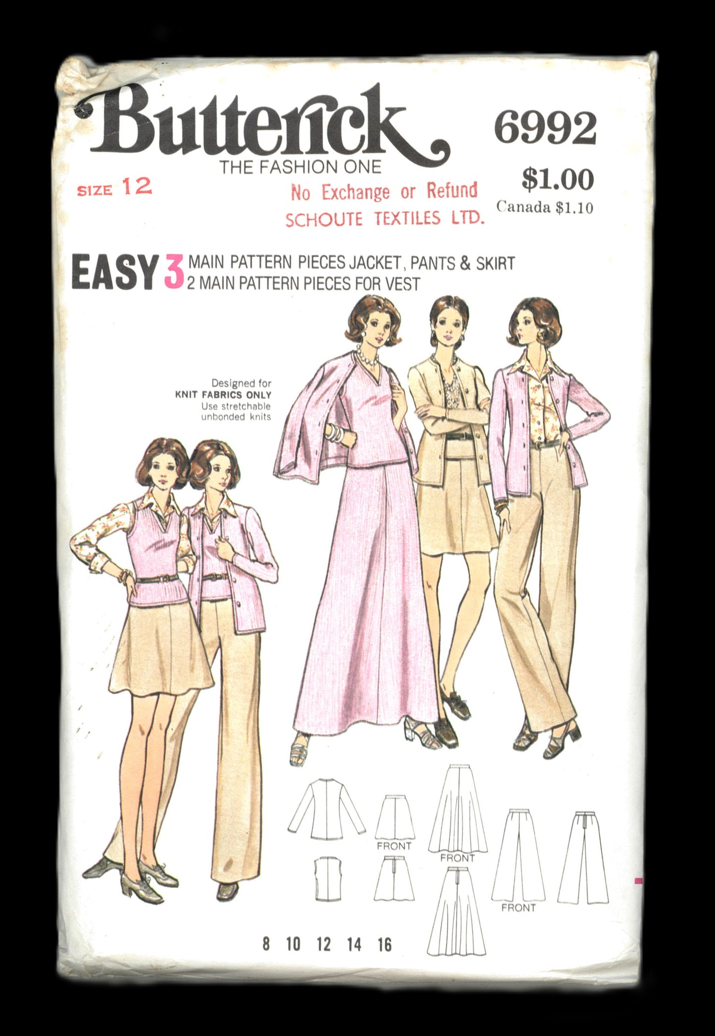70s Butterick 6992 Misses Jacket Vest Skirt and Pants Sewing Pattern UNCUT Size 12 or Size 14 or Size 16