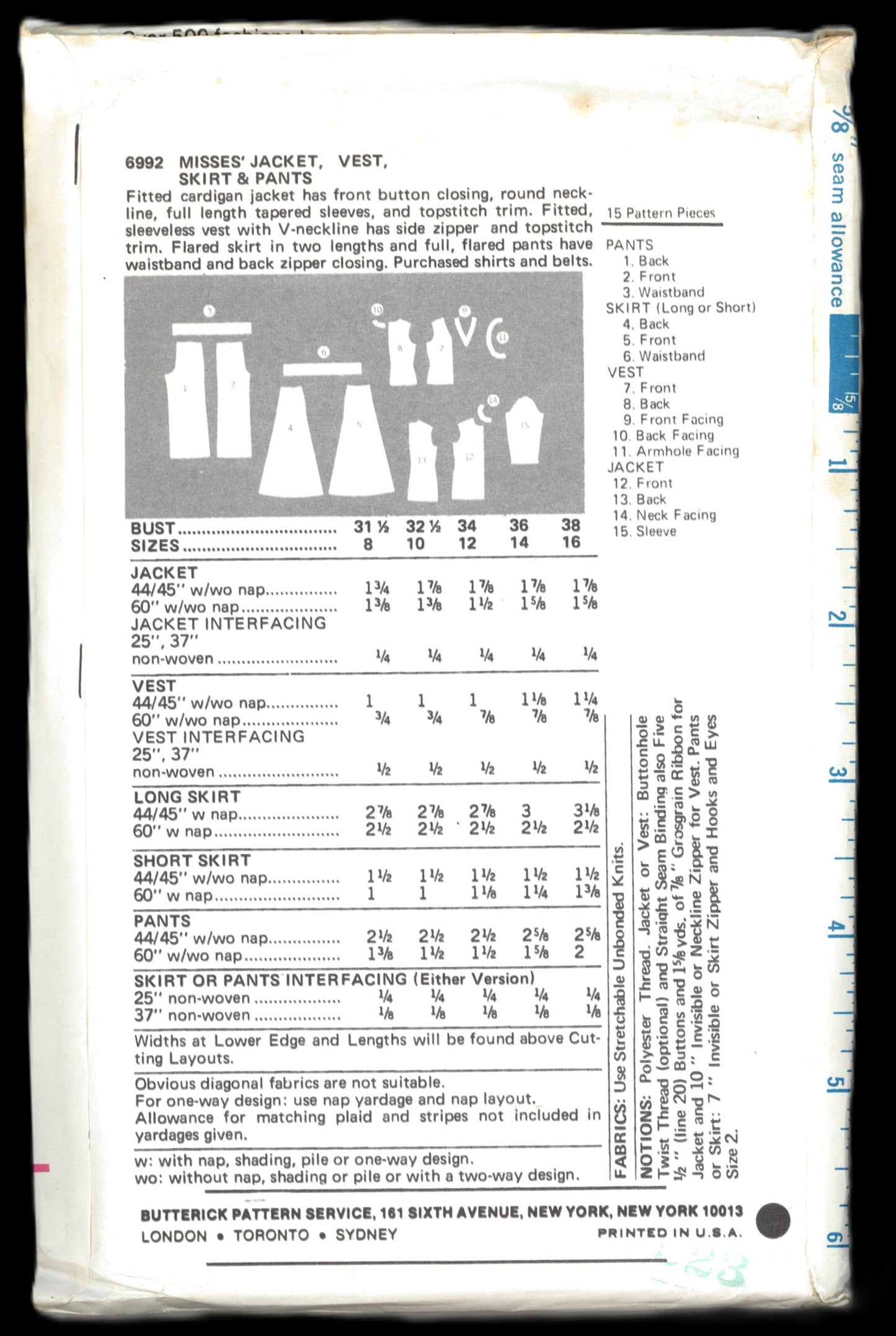 70s Butterick 6992 Misses Jacket Vest Skirt and Pants Sewing Pattern UNCUT Size 12 or Size 14 or Size 16