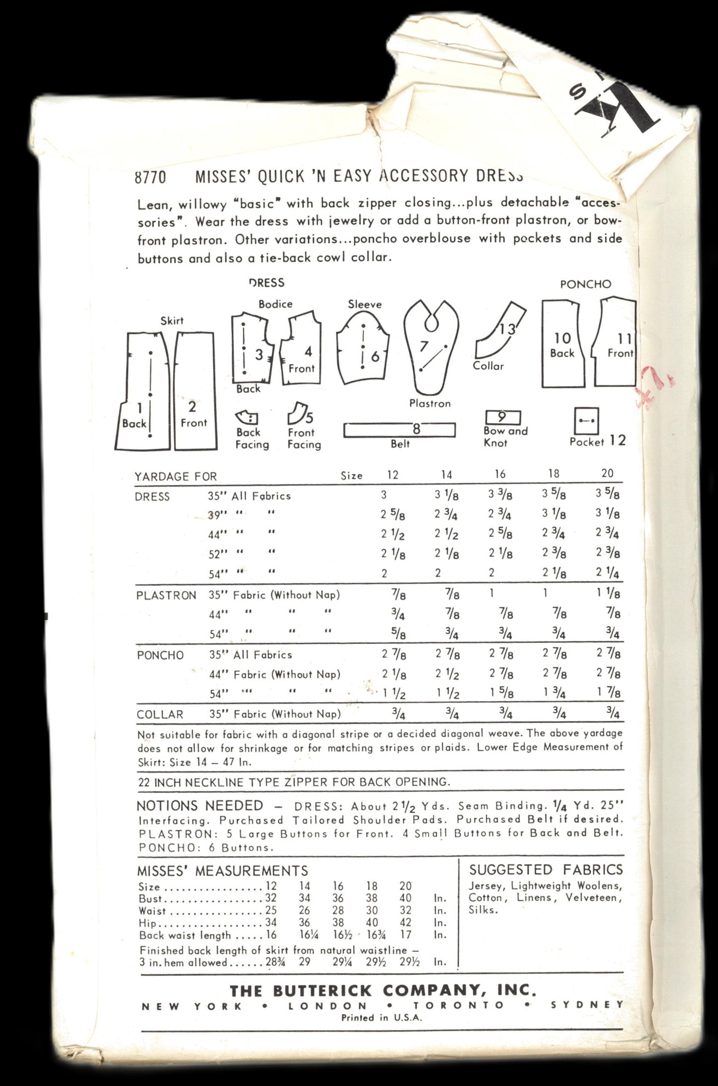 50s Butterick 8770 Misses Quick n Easy Accessory Dress Sewing Pattern - UNCUT - Size 12 Bust 32