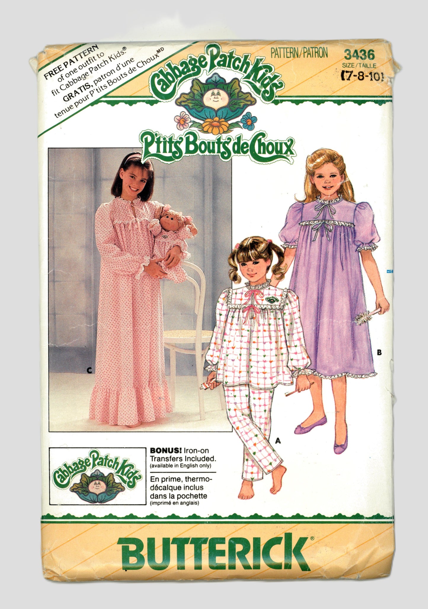 Butterick 3436 Cabbage Patch kids Girls Nightgown Top Pants & Transfers Sewing Pattern - UNCUT - Size 7 8 10