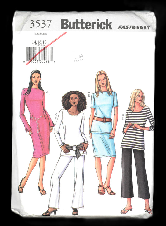 Butterick 3537 Misses / Misses Petite Top Dress Skirt and Pants Sewing Pattern UNCUT Size 14 16 18