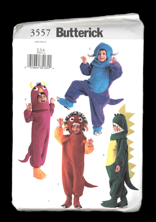 Butterick 3557 Childrens Dragon and Monsters Jumpsuit Hood and Boots Costumes Sewing Pattern - UNCUT - Size 2 3 4