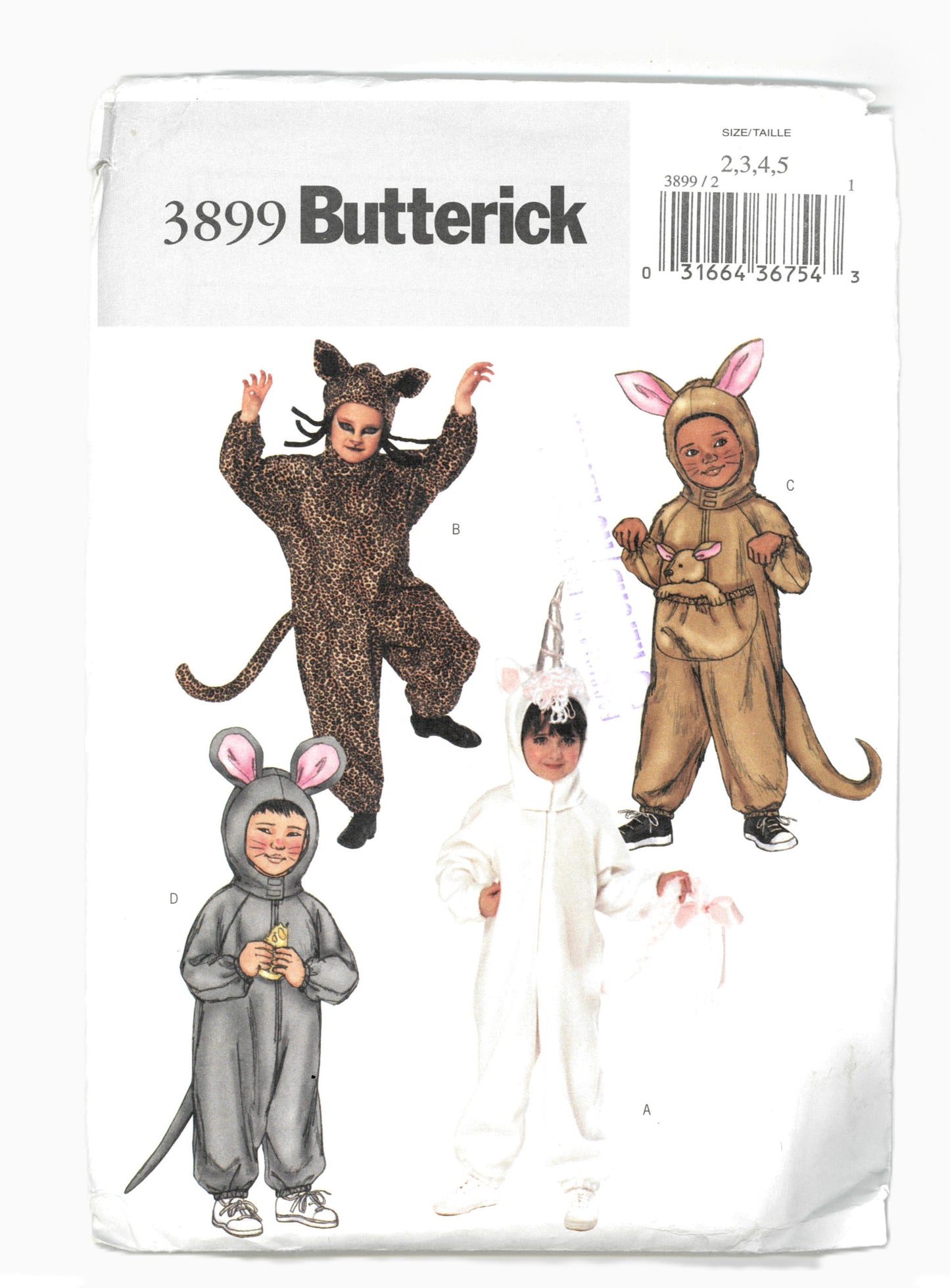 Butterick 3899 Childrens Boys Girls Animal Costume Sewing Pattern - UNCUT  Size 2 3 4 5
