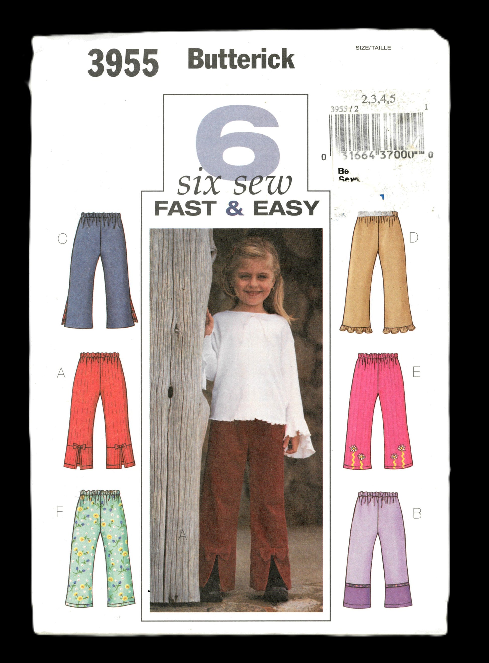 Butterick 3955 Girls Pants Sewing Pattern - UNCUT Size 2 3 4 5