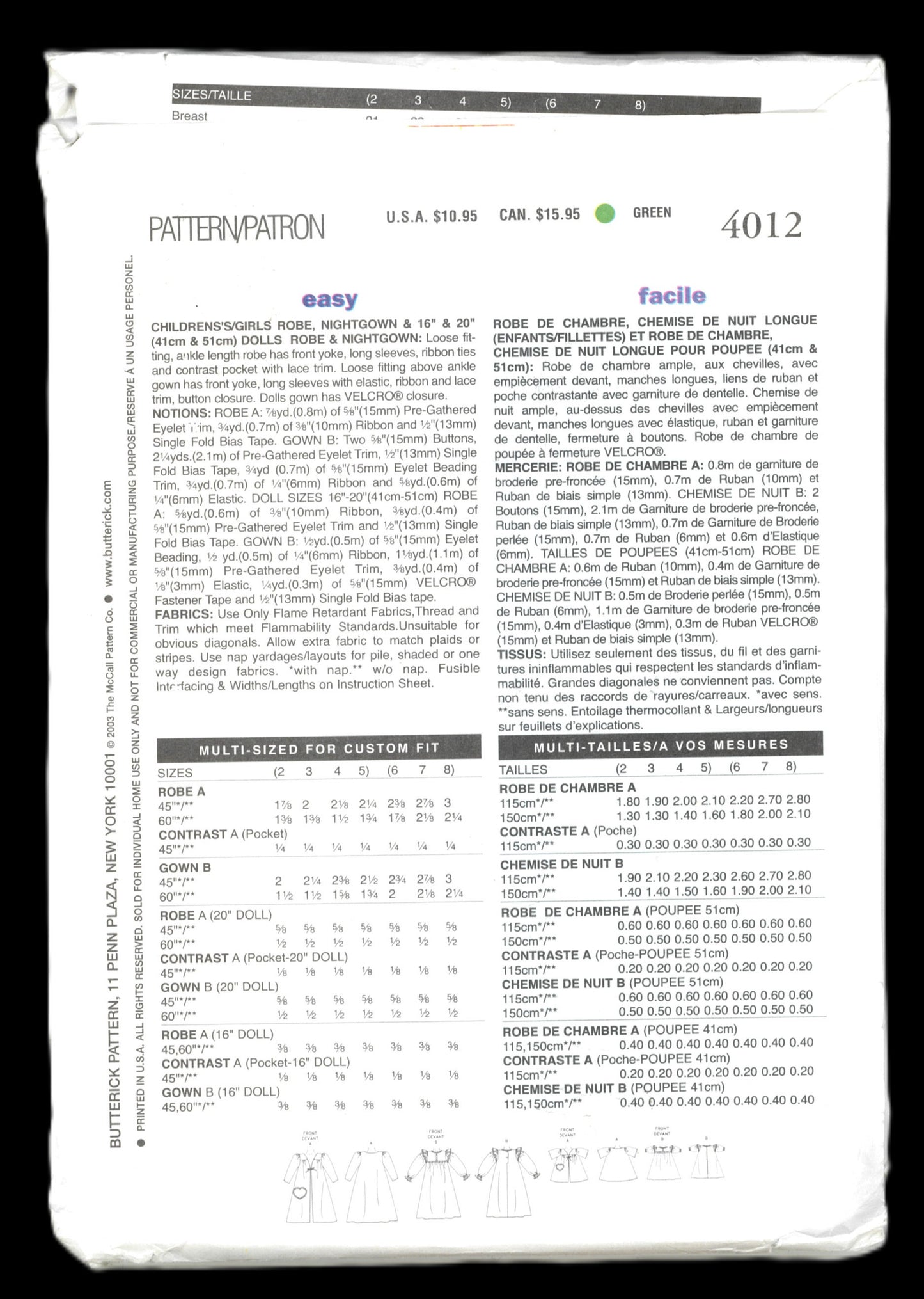 Butterick 4012 Childrens / Girls  Robe Nightgown & 16" and 20"Dolls Robe and nightgown Sewing Pattern - UNCUT Size 2 3 4 5