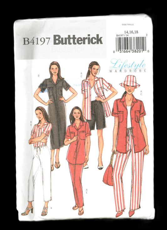 Butterick 4197 Misses / Misses Petite Shirt, Dress, Shirt, Shorts, Pants and Hat Sewing Pattern - UNCUT - Size 14 16 18