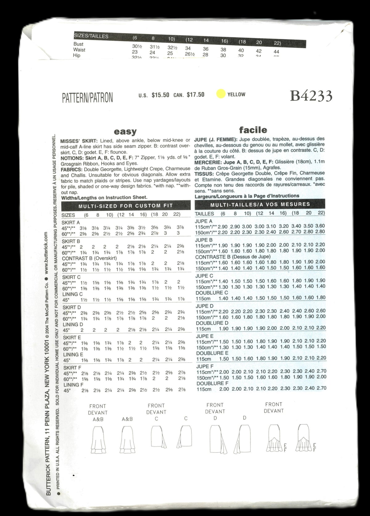 Butterick 4233 Misses Skirt Sewing Pattern - UNCUT - Size 12 14 16