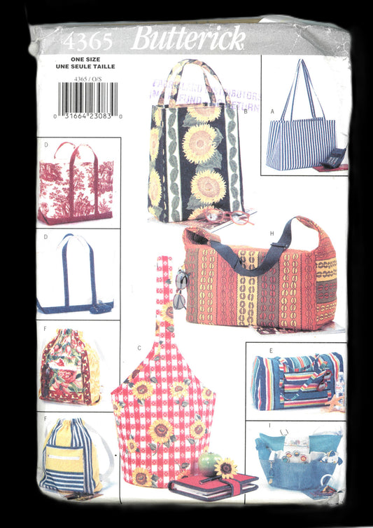 Butterick 4365 Tote Bags Sewing Pattern - UNCUT