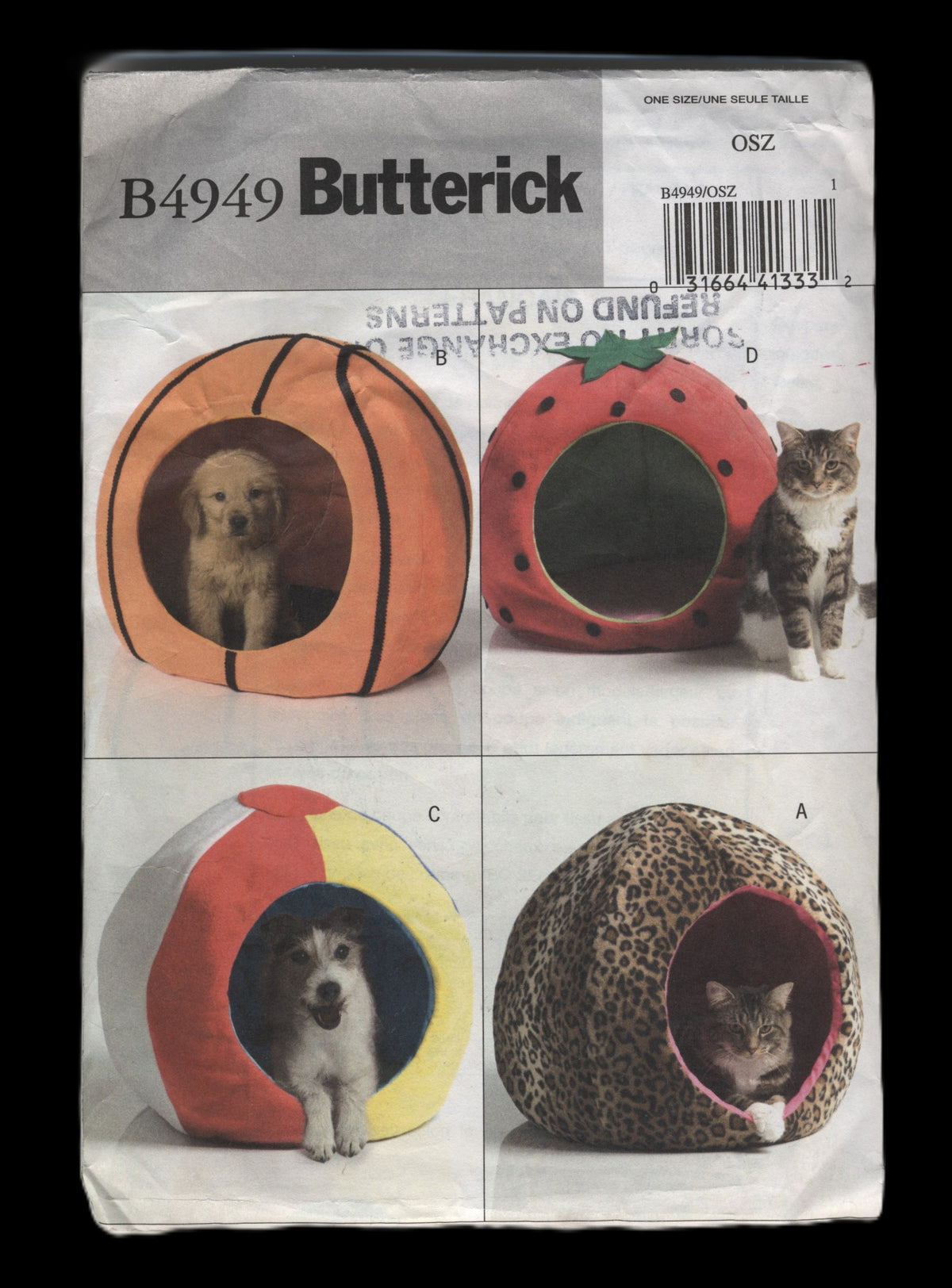 Butterick 4949 Pet Beds Sewing Pattern UNCUT Nasket Basketball, Beachball, Strawberry Cat Bed.