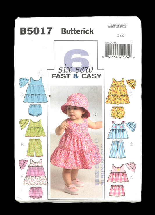 Butterick 5017  Infants Top Dress Panties Shorts Pants and Hat Sewing Pattern - UNCUT - Size NB S M L