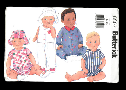 Butterick 6607 Infants Jumpsuit, Romper & Hat Sewing Pattern - UNCUT - Size NB S M