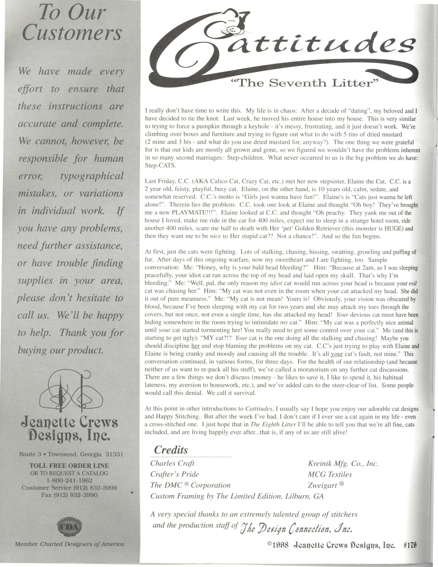 Jeanette Crews Cattitudes " The Seventh Litter " Cat Cross Stitch Pattern Booklet 179