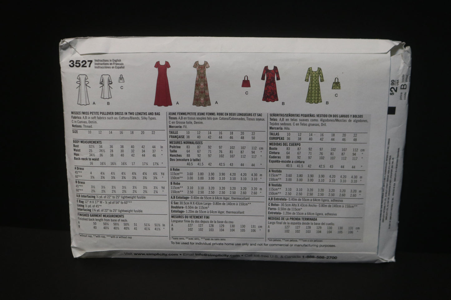 Simplicity 3527 Misses / Miss Petite Pullover Dress in Two Lengths and Bag Sewing Pattern UNCUT Size 10 - 22