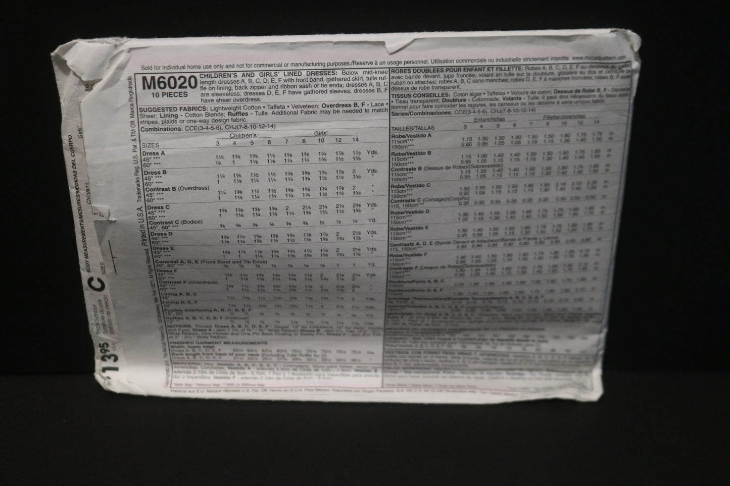 McCalls 6020 Children's Girls Lined Dress Sewing Pattern UNCUT Size 7 8 10 12 14