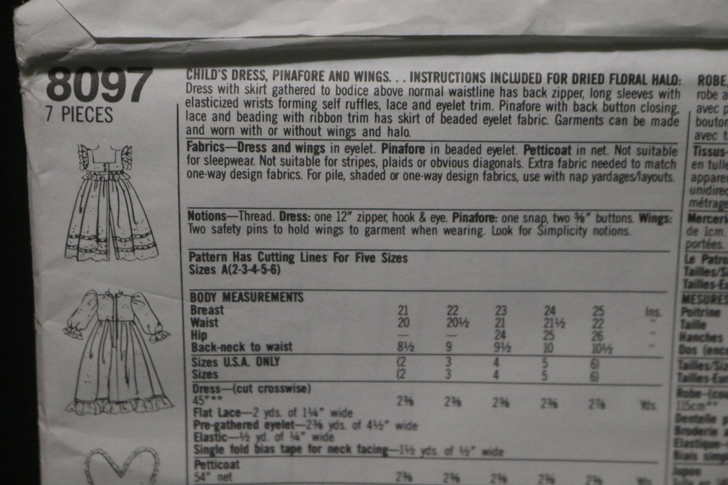 Simplicity 8097 Girls Dress, Pinafore and Wings Sewing Pattern - UNCUT - Size 2 - 6