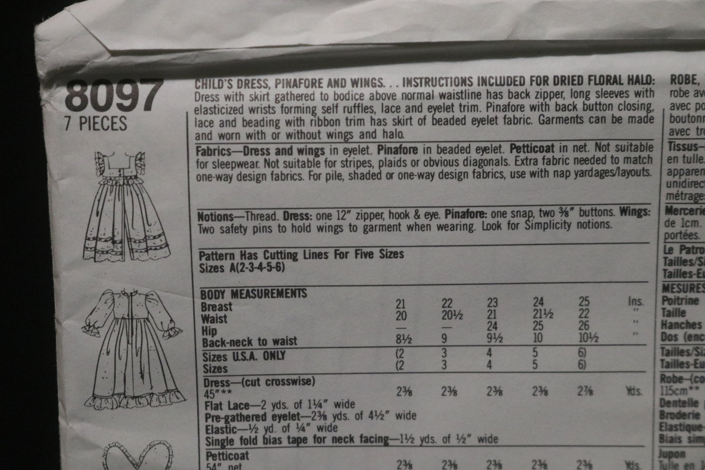 Simplicity 8097 Girls Dress, Pinafore and Wings Sewing Pattern - UNCUT - Size 2 - 6