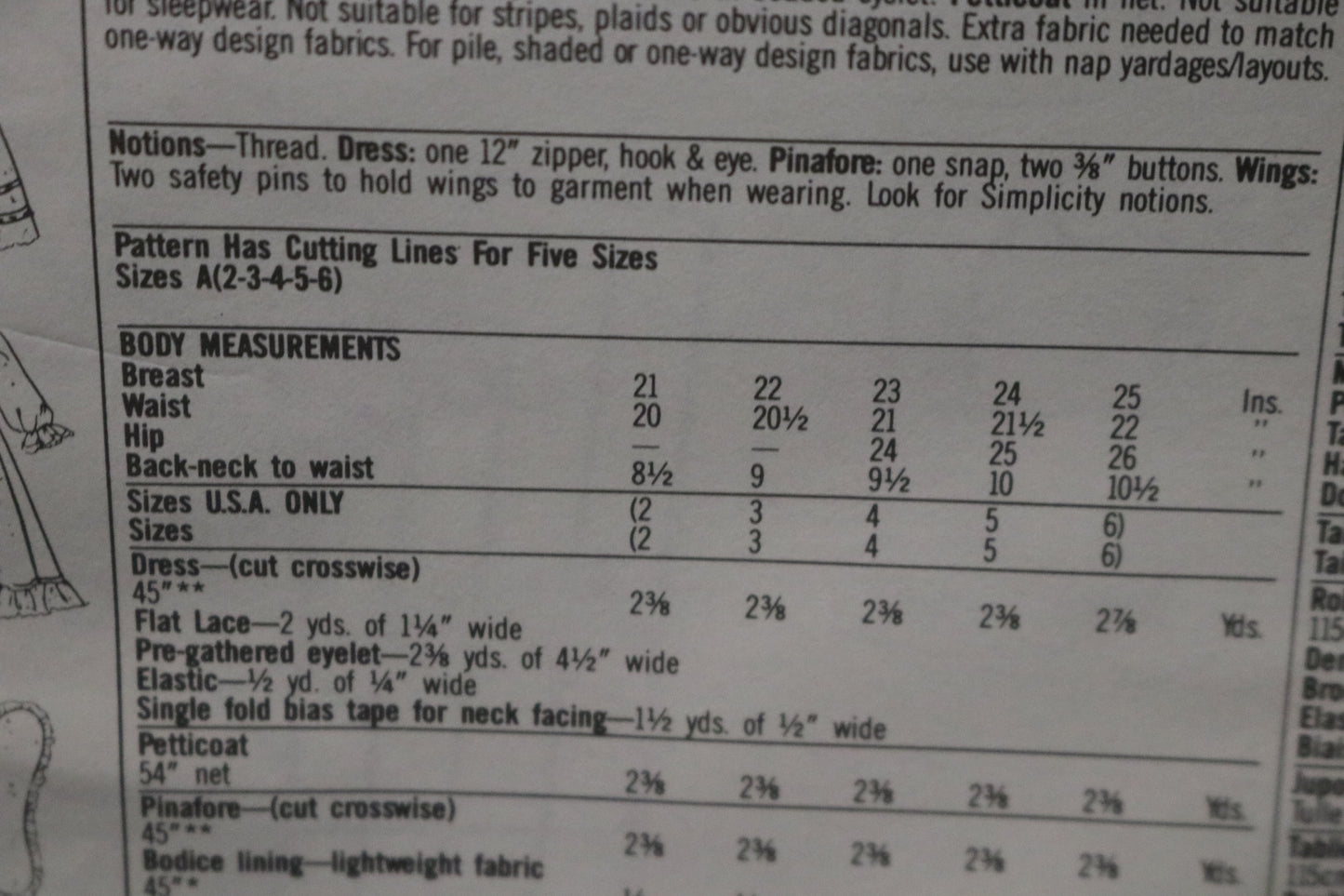 Simplicity 8097 Girls Dress, Pinafore and Wings Sewing Pattern - UNCUT - Size 2 - 6