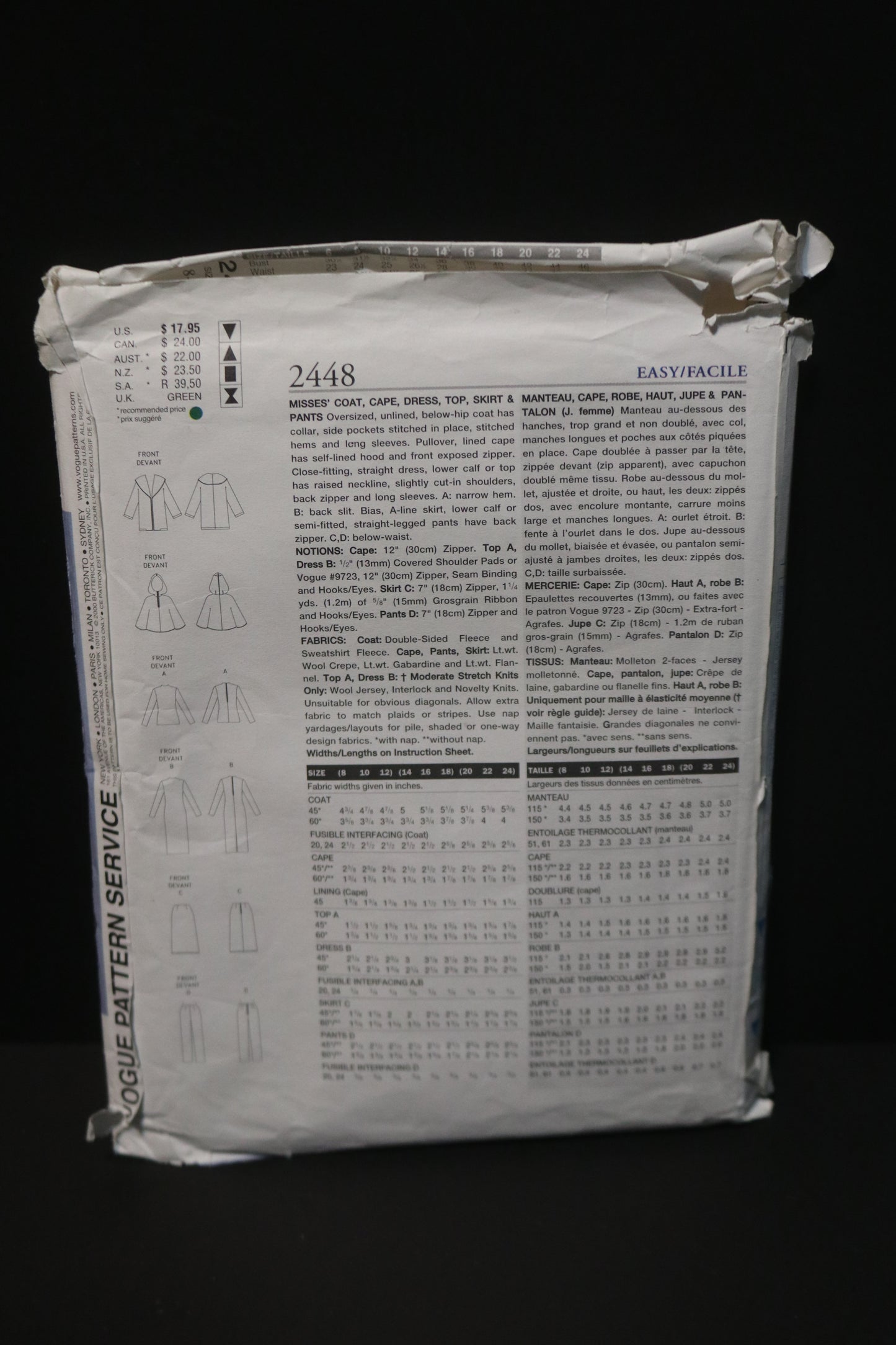 Vogue 2448 Misses Coat Cape Dress Top Skirt and Pants Sewing Pattern - UNCUT - Size 8 10 12