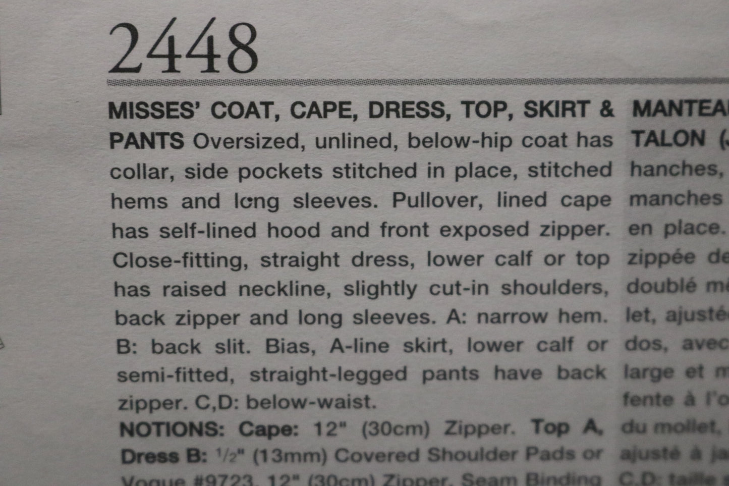 Vogue 2448 Misses Coat Cape Dress Top Skirt and Pants Sewing Pattern - UNCUT - Size 8 10 12