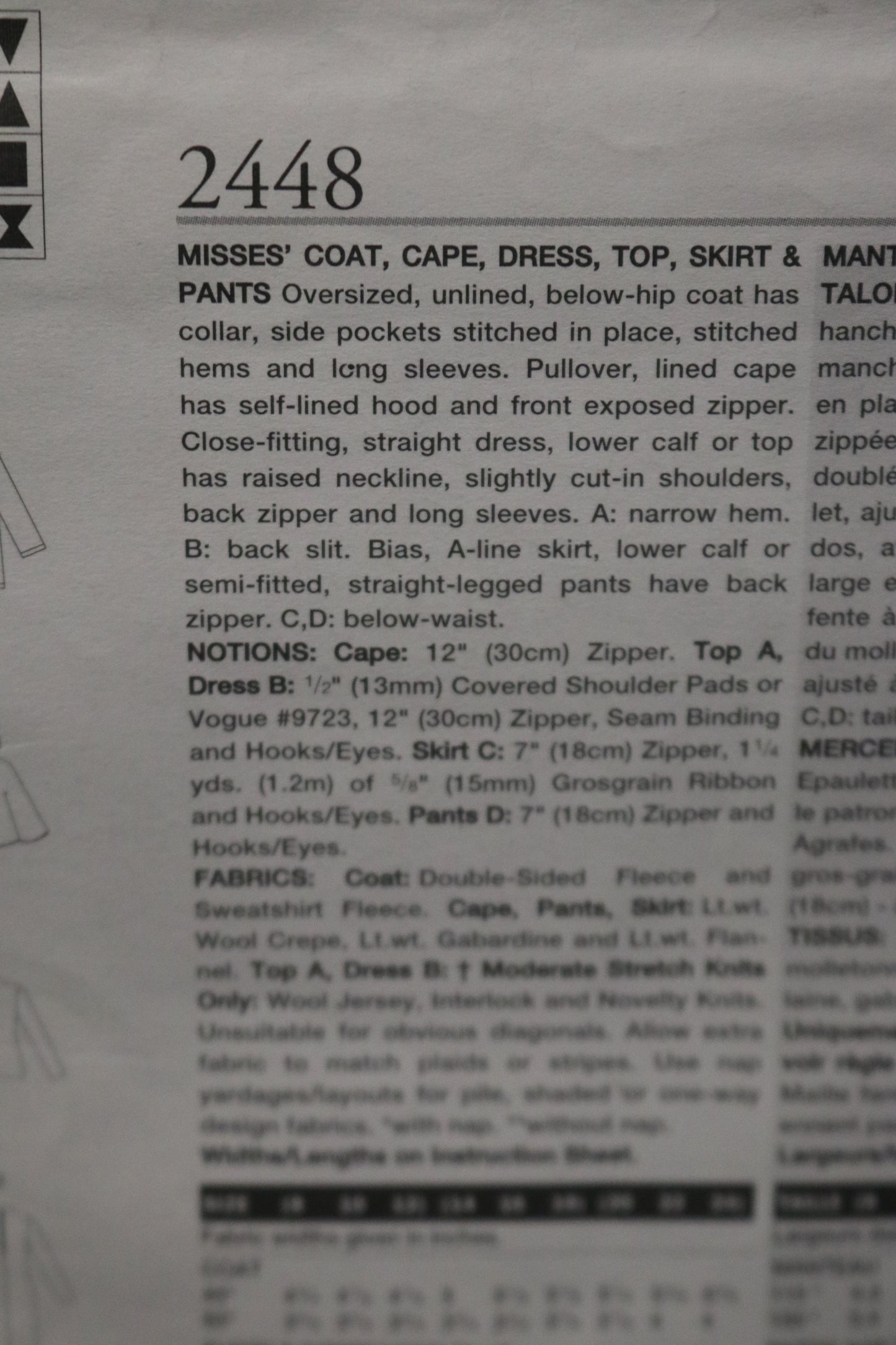 Vogue 2448 Misses Coat Cape Dress Top Skirt and Pants Sewing Pattern - UNCUT - Size 8 10 12