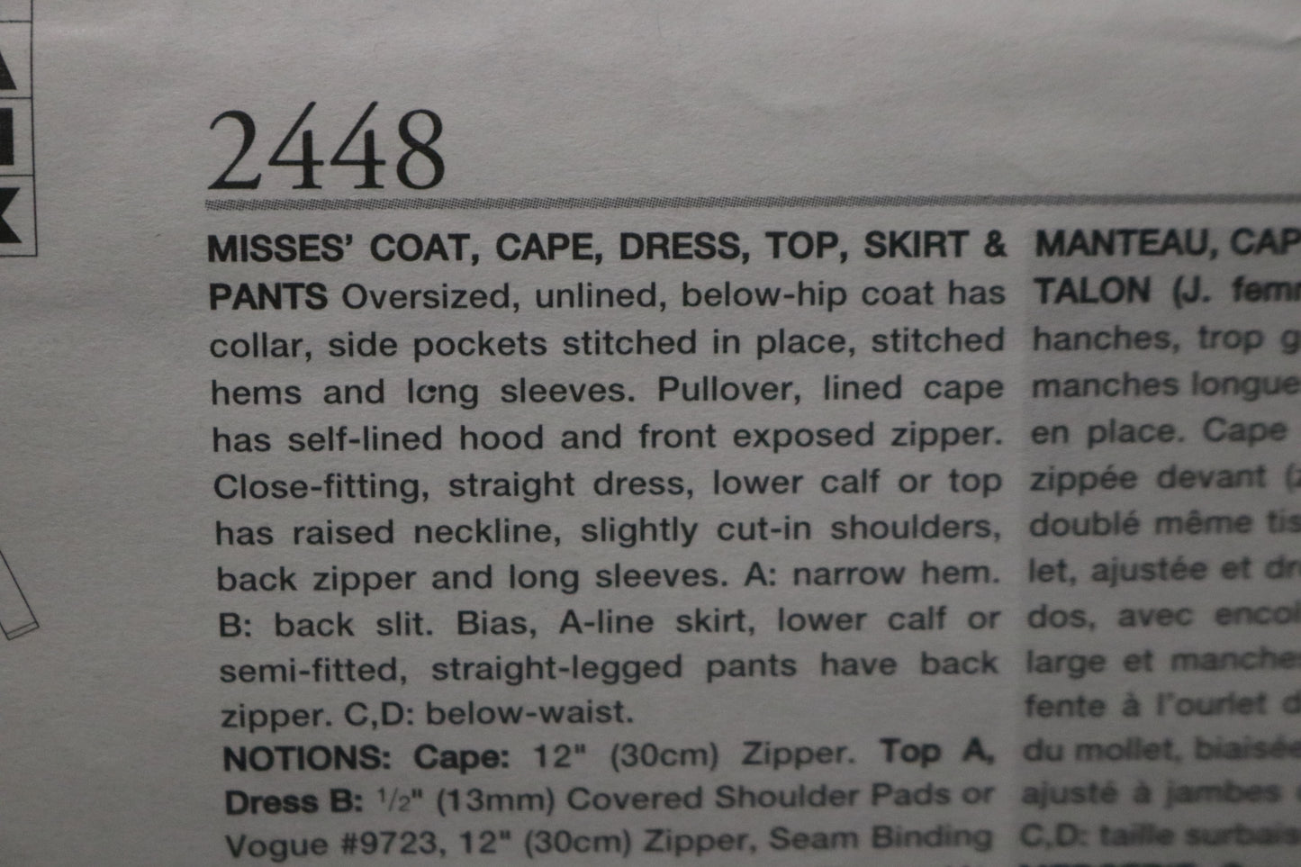 Vogue 2448 Misses Coat Cape Dress Top Skirt and Pants Sewing Pattern - UNCUT - Size 8 10 12