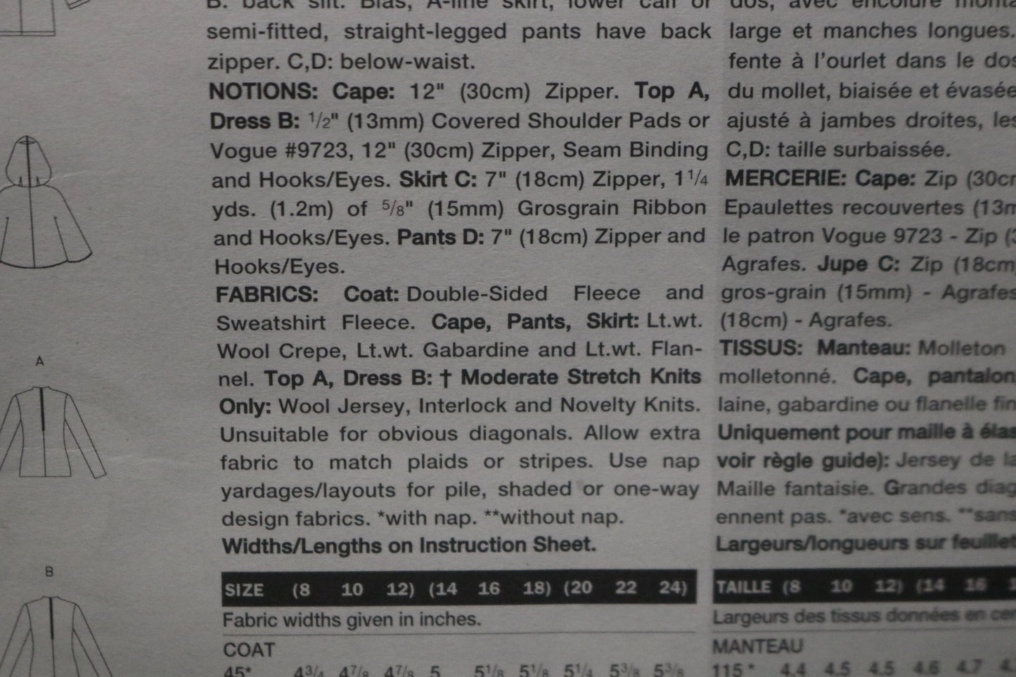 Vogue 2448 Misses Coat Cape Dress Top Skirt and Pants Sewing Pattern - UNCUT - Size 8 10 12