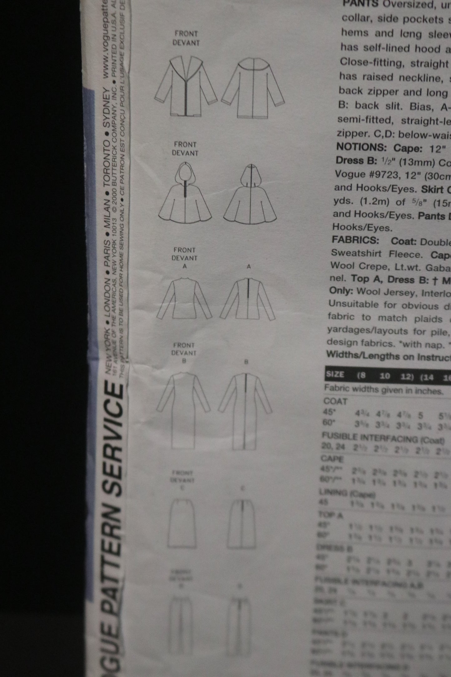 Vogue 2448 Misses Coat Cape Dress Top Skirt and Pants Sewing Pattern - UNCUT - Size 8 10 12