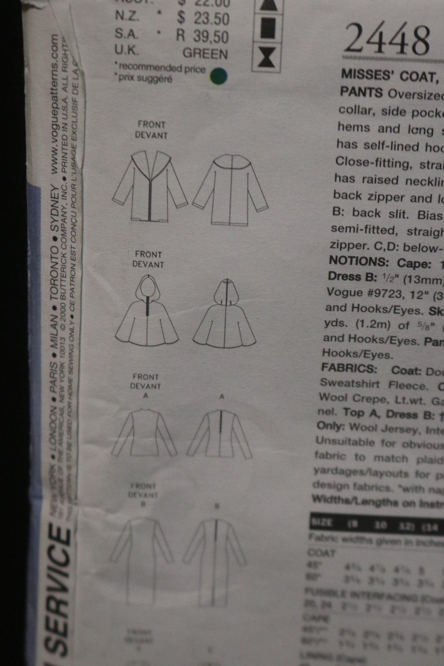 Vogue 2448 Misses Coat Cape Dress Top Skirt and Pants Sewing Pattern - UNCUT - Size 8 10 12