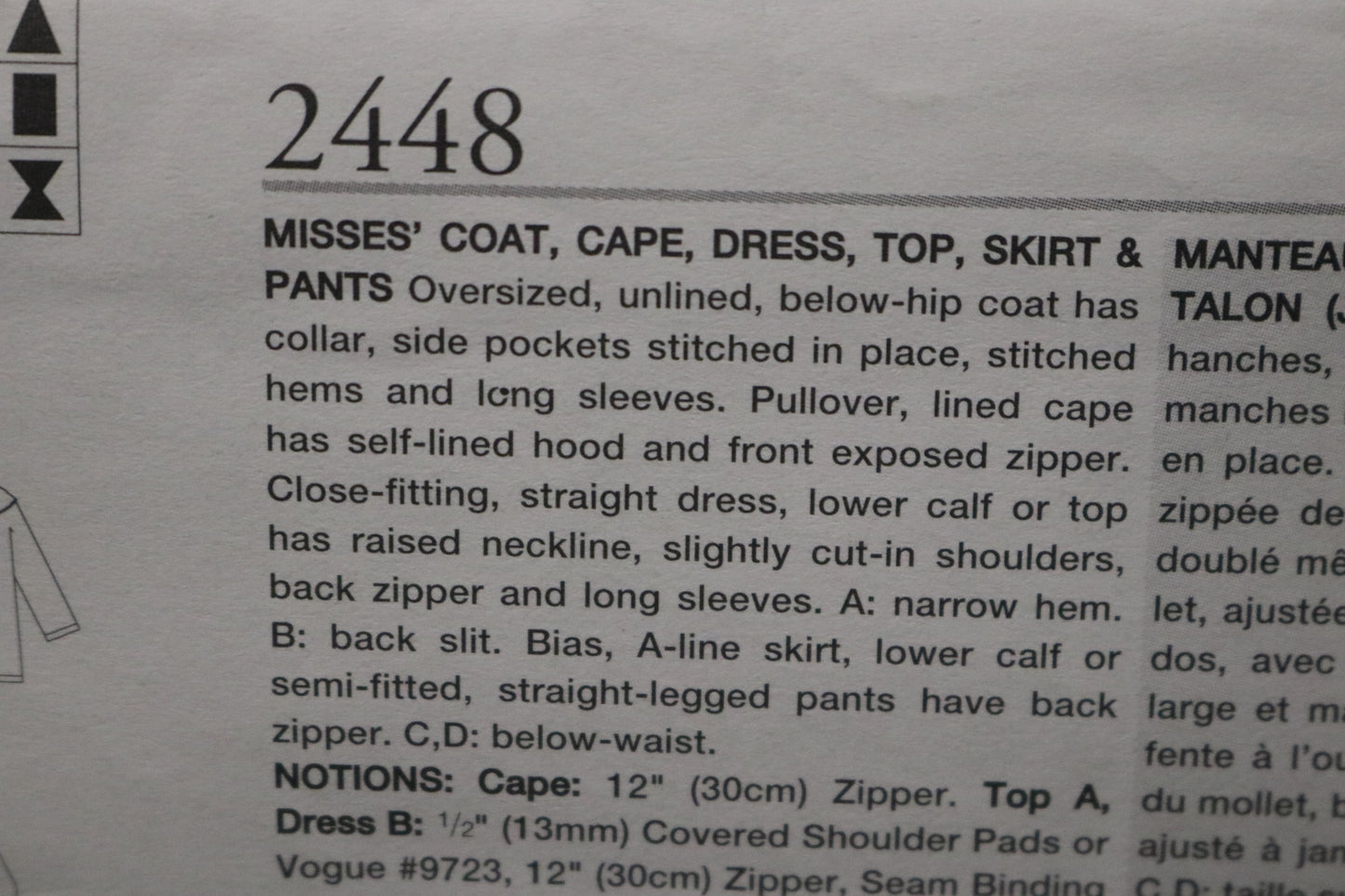 Vogue 2448 Misses Coat Cape Dress Top Skirt and Pants Sewing Pattern - UNCUT - Size 8 10 12