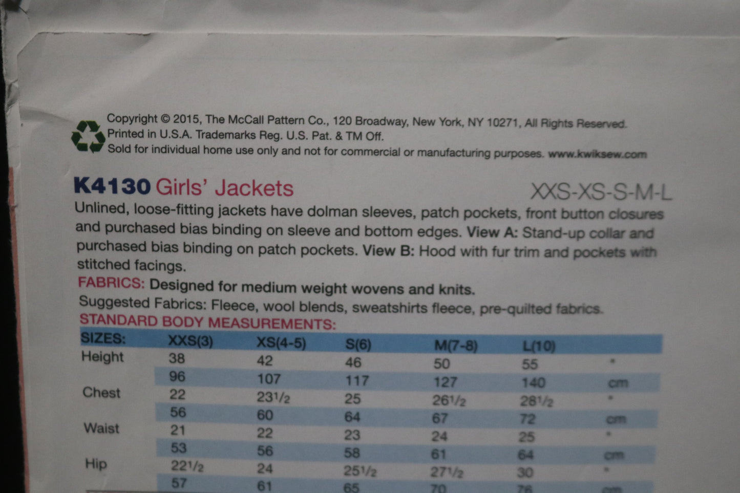 Kwik Sew 4130 Girls jackets Sewing Pattern UNCUT Size XxS XS S M L