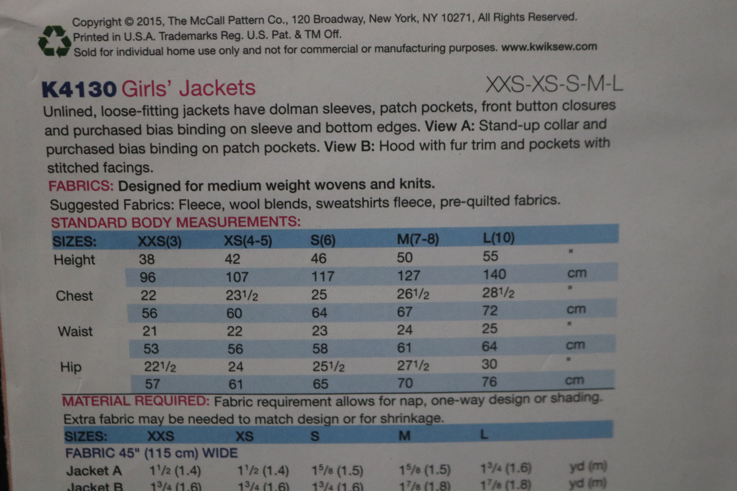 Kwik Sew 4130 Girls jackets Sewing Pattern UNCUT Size XxS XS S M L